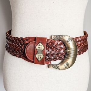 CAbi, Brown Woven Braided Leather Statement Boho Brass Buckle Belt Size Small